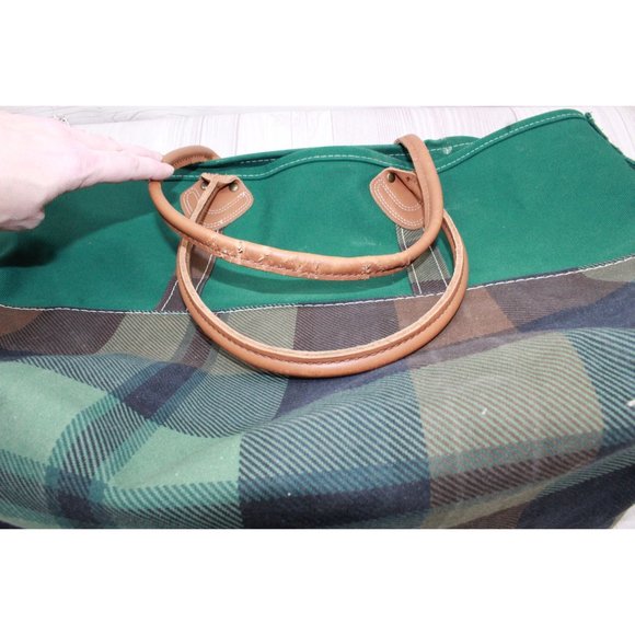 LL Bean Green Plaid Canvas Leather Handles Everyday Tote Bag - Picture 5 of 8
